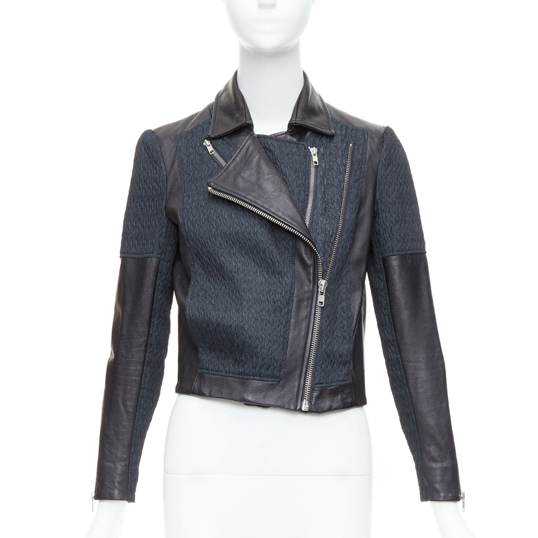 HELMUT LANG black pebbled leather textured fabric zip crop biker P