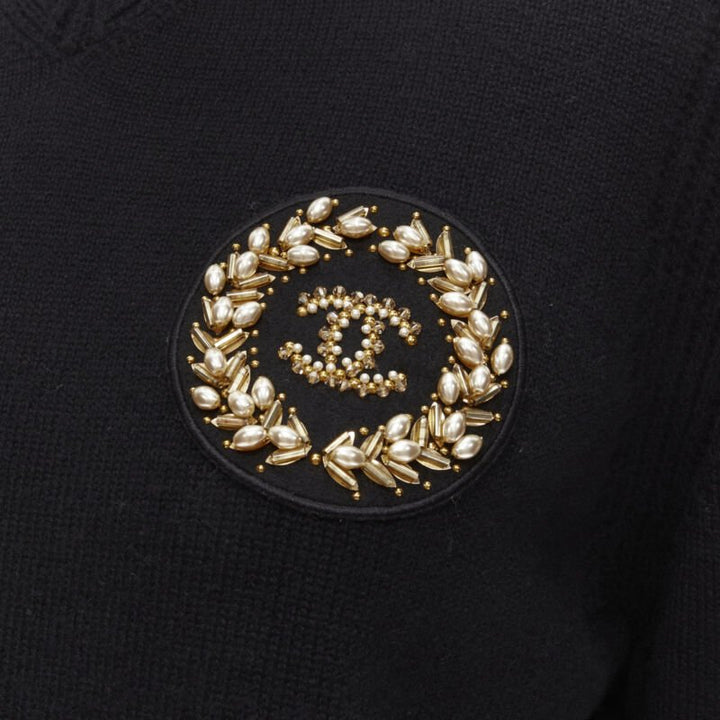 CHANEL black cashmere blend gold bead pearl CC embellished badge sweater FR42  L