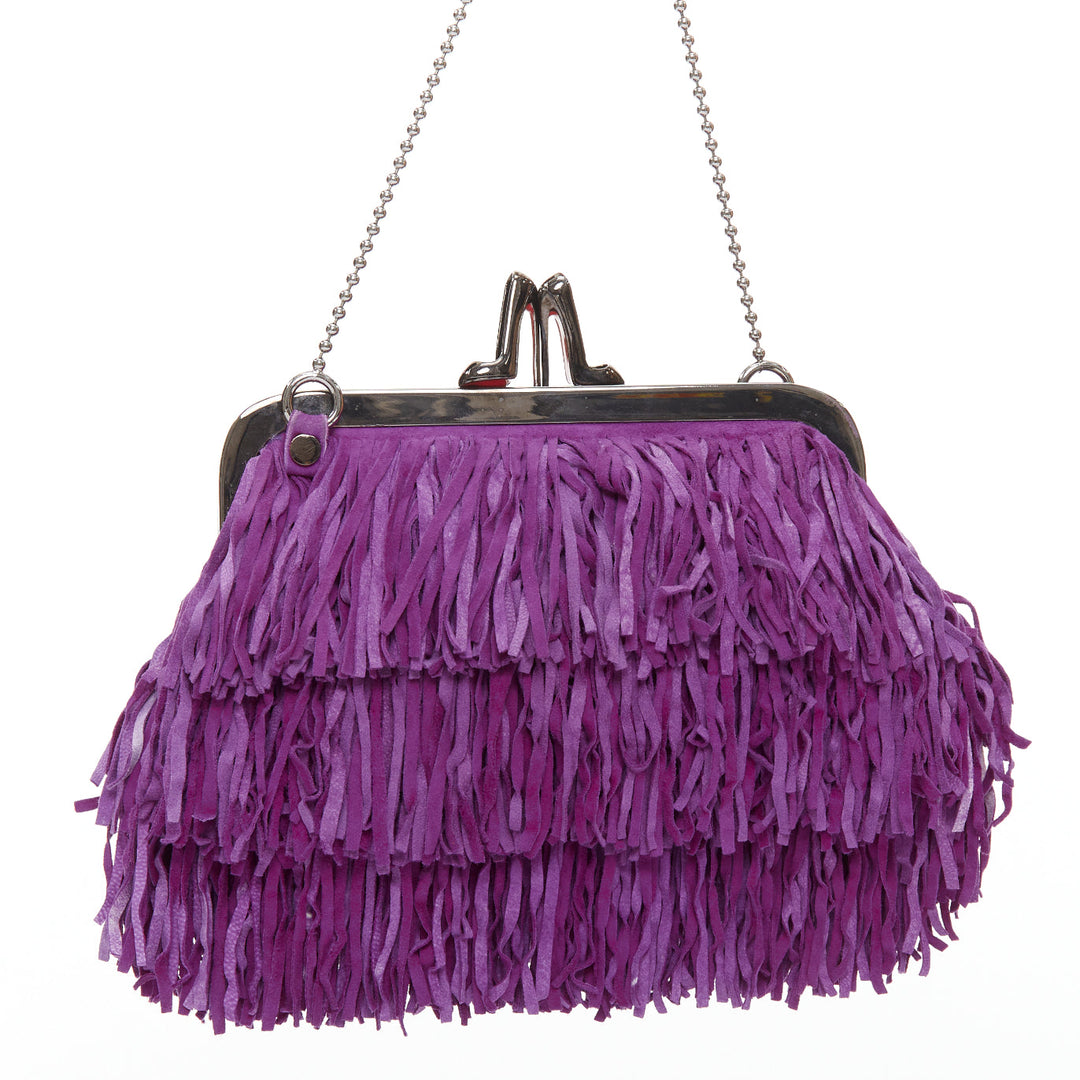CHRISTIAN LOUBOUTIN purple suede leather fringe heel kiss lock clutch bag