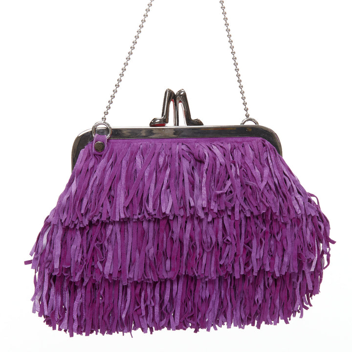 CHRISTIAN LOUBOUTIN purple suede leather fringe heel kiss lock clutch bag
