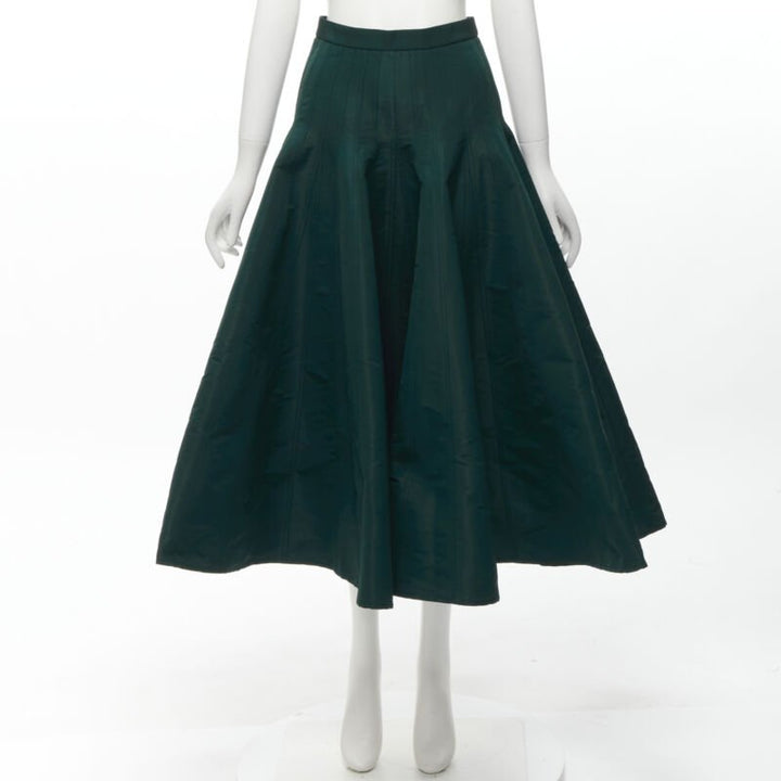 ALEXANDER MCQUEEN green taffeta top stitching panelled flared midi skirt IT36 XS