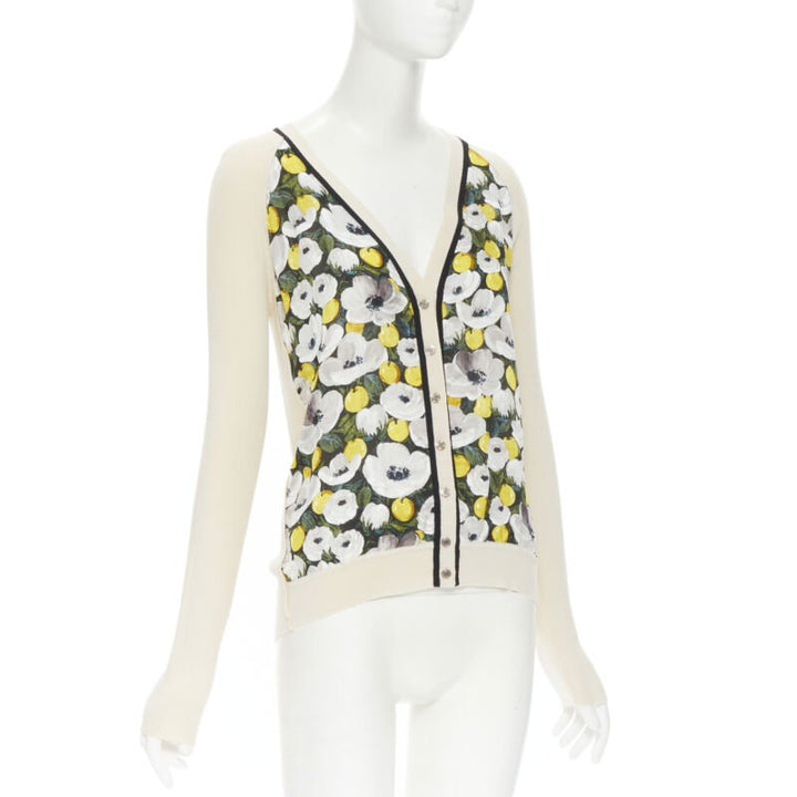 LOUIS VUITTON daisy lemon silk panel beige ribbed wool cardigan sweater M