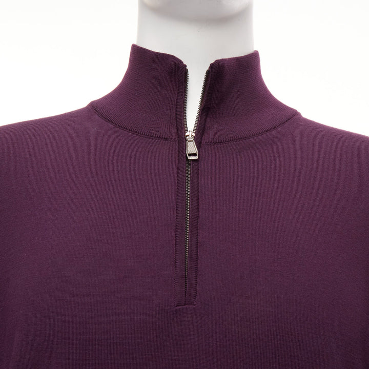 BRIONI 100% wool eggplant purple silk trimmed half zip long sleeve sweater