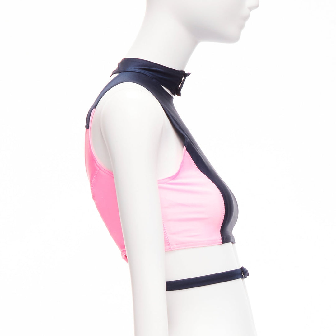 AMBUSH pink navy panelled logo back waist tie cropped sports top Size 1 S