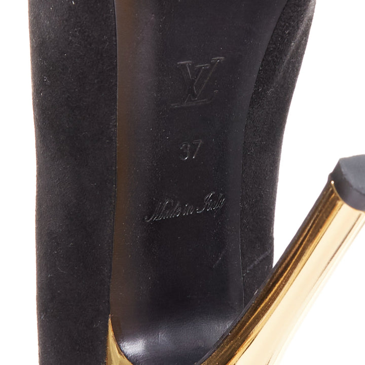LOUIS VUITTON Oh Really black suede gold LV lock sky high pumps EU37