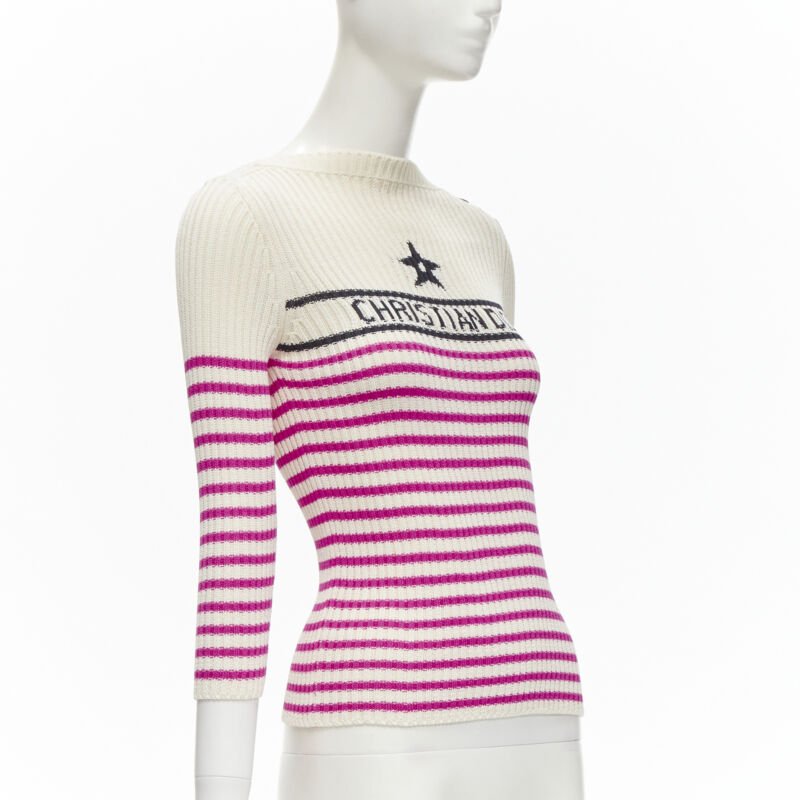 CHRISTIAN DIOR 2022 Mariniere pink nautical sailor stripe logo ribbed top FR34