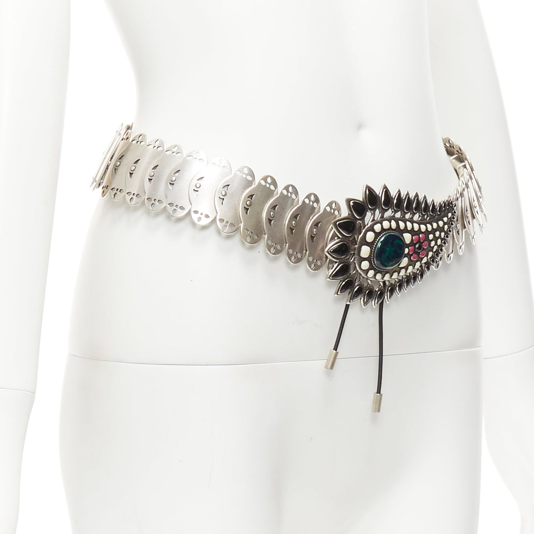 ISABEL MARANT Azema green embellished paisley silver metal plate chain belt 75cm