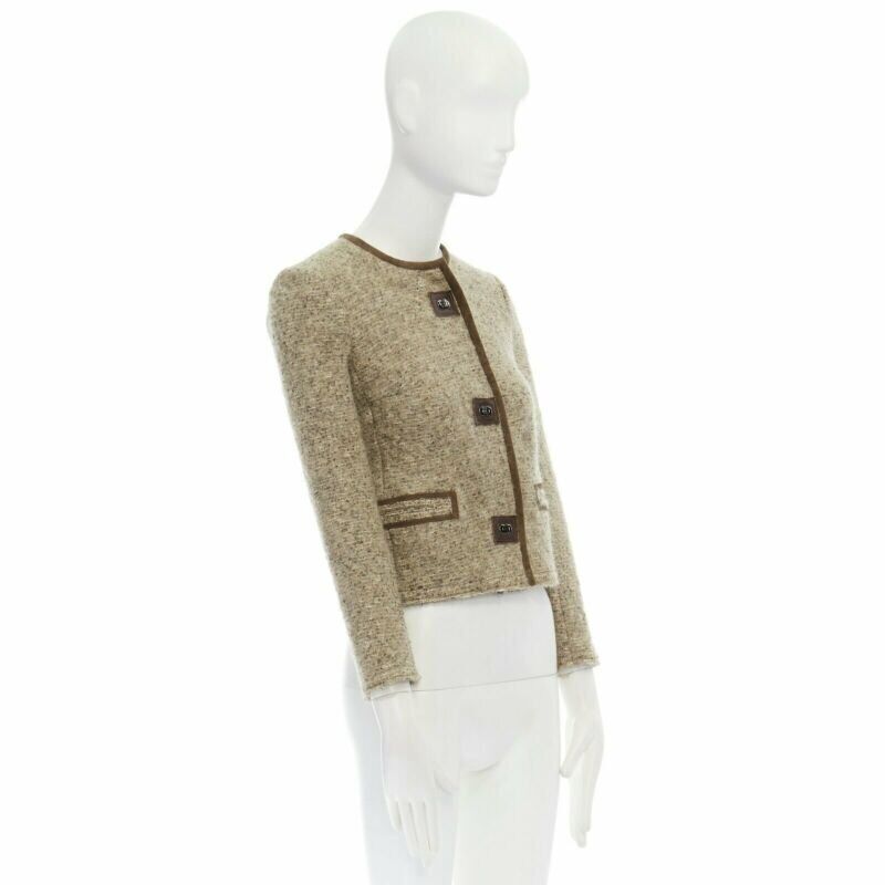 ISABEL MARANT Kios brown virgin wool boucle suede trimmed twist lock jacket FR36