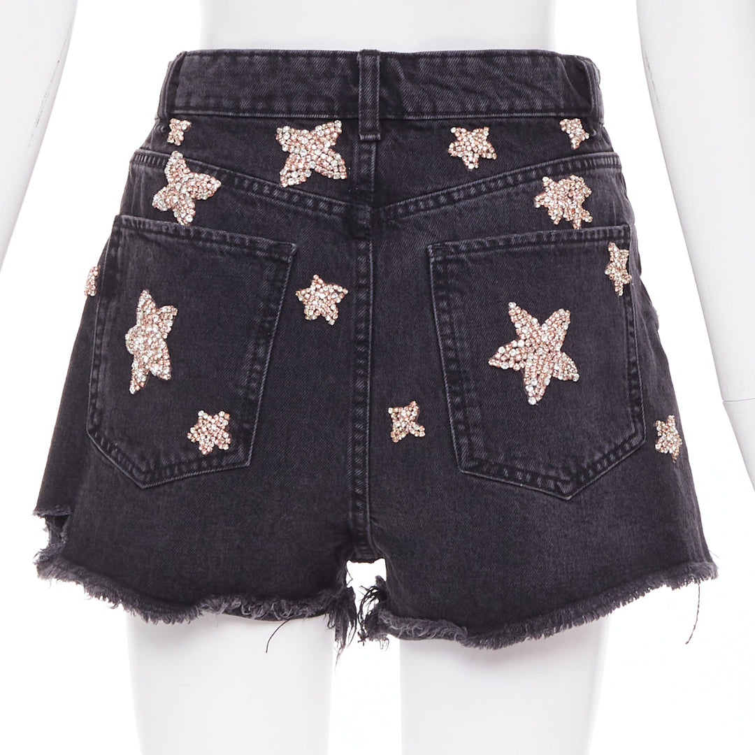 LOU LOU Studio washed grey denim pink silver crystal stars embellished shorts S
