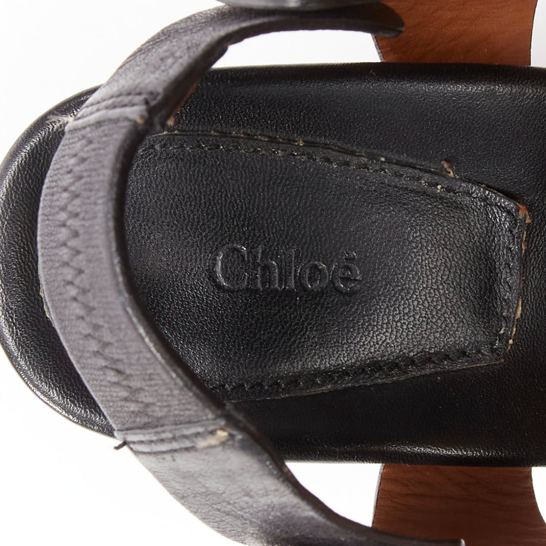 CHLOE black blue fringe detail gold nail grommet block heel sandal EU37