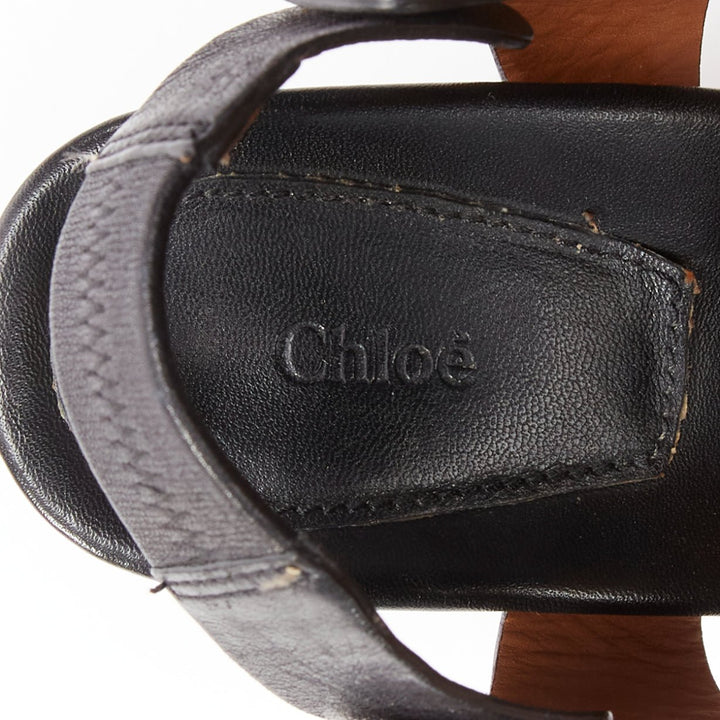 CHLOE black blue fringe detail gold nail grommet block heel sandal EU37