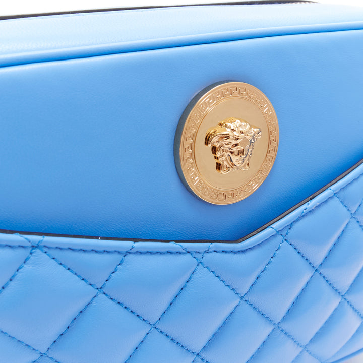VERSACE blue lambskin leather quilted gold Medusa chain crossbody bag Medium