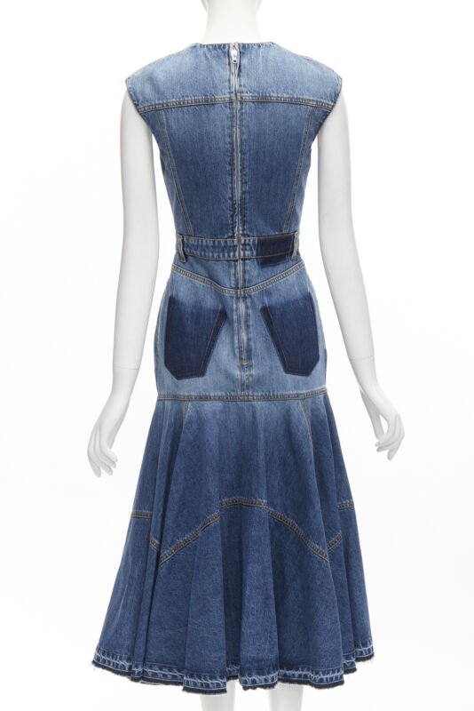 ALEXANDER MCQUEEN 2021 Runway washed denim shadow bodice midi dress IT38 XS