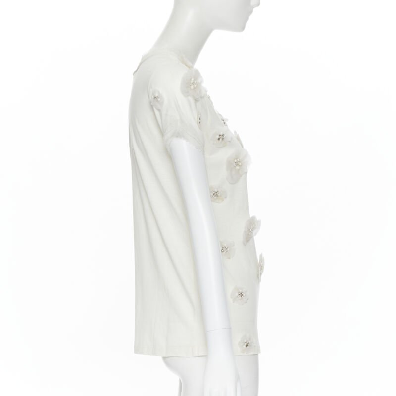 LANVIN ALBER ELBAZ Collection Blanche white silk pearl crystal flower tshirt XS