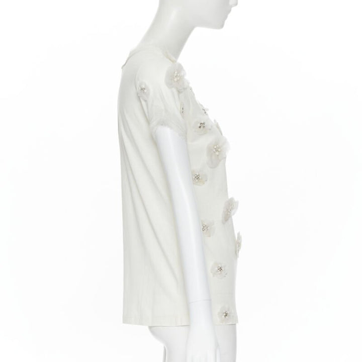 LANVIN ALBER ELBAZ Collection Blanche white silk pearl crystal flower tshirt XS