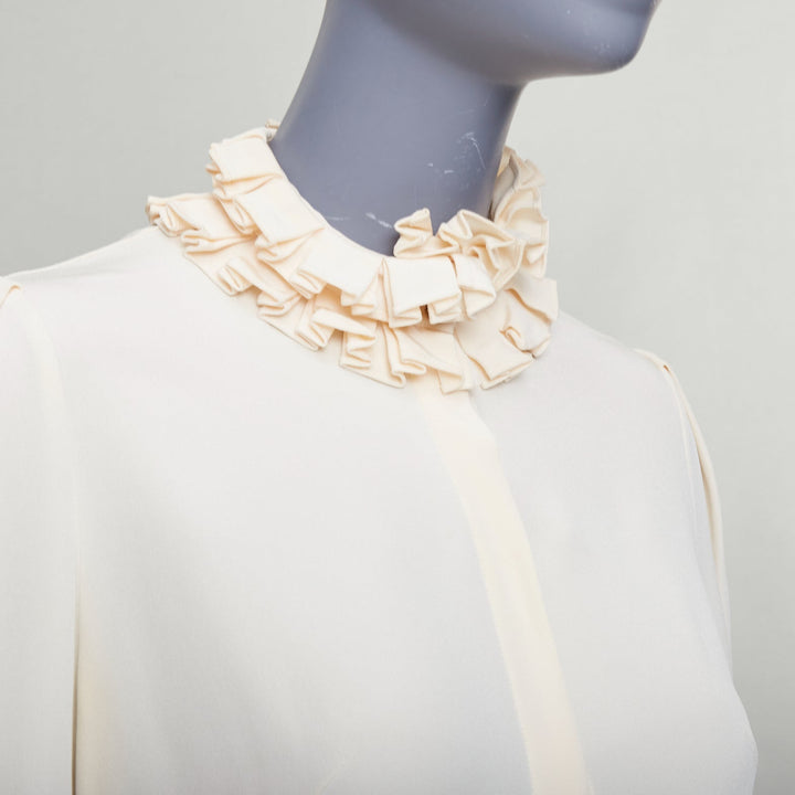 ALEXANDER MCQUEEN 100% silk cream Victorian ruffle collar darted blouse IT38 XS