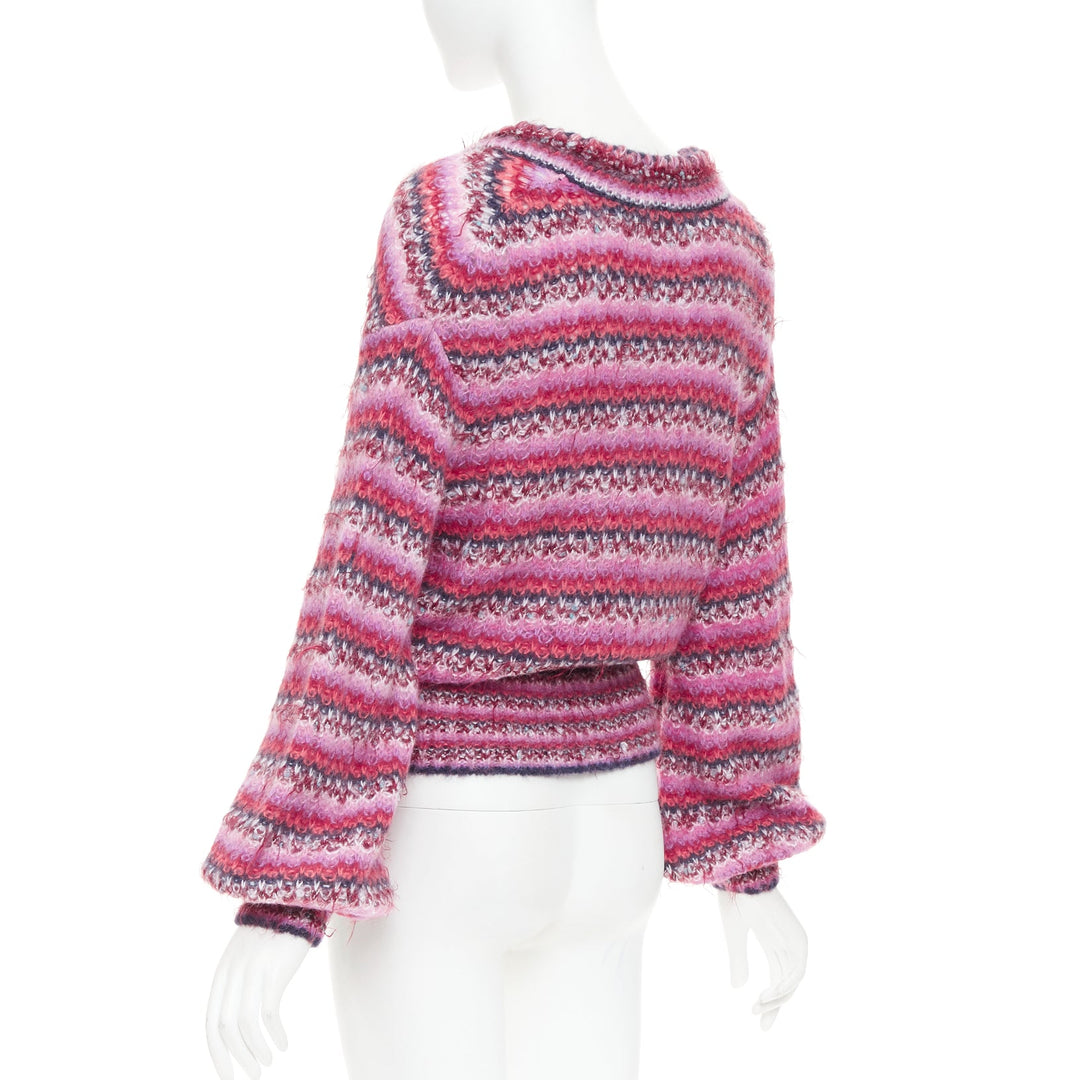 CHANEL 22A pink alpaca blend striped loose knit Vneck CC logo sweater FR38 M