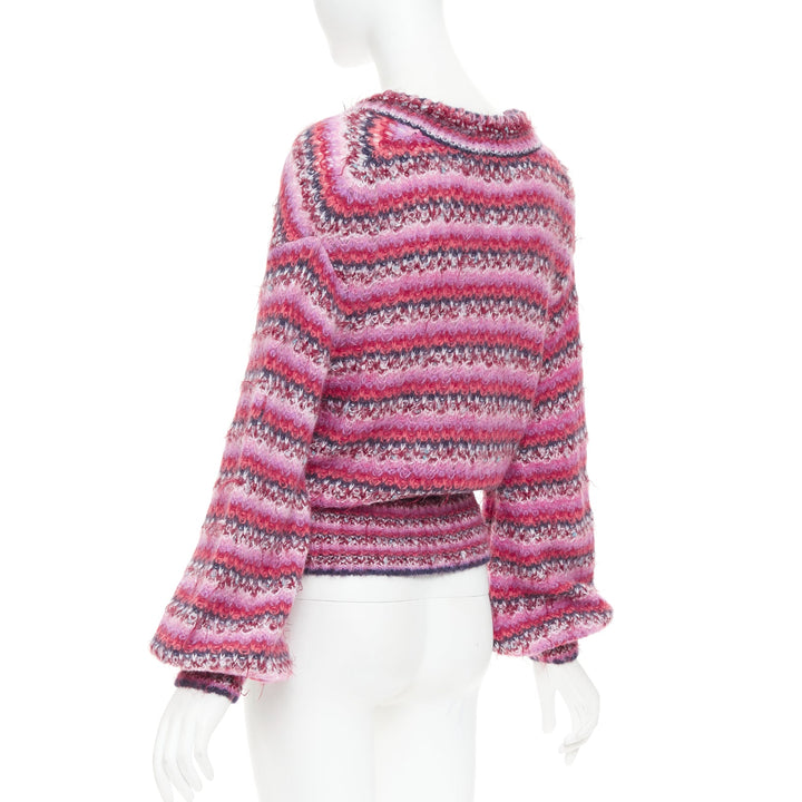 CHANEL 22A pink alpaca blend striped loose knit Vneck CC logo sweater FR38 M
