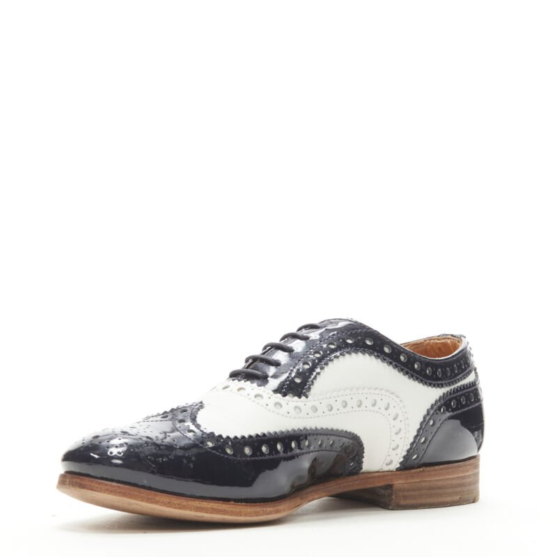 CHURCH'S Burwood black patent white perforated leather brogue EU36