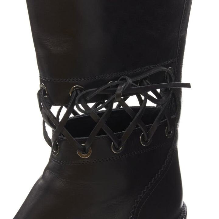 CHANEL black calfskin cross stitch cut out CC toe cap block heel boot EU38.5