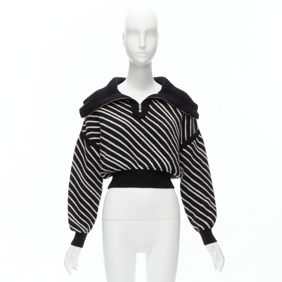 CHANEL 100% cashmere black white stripe CC crystal logo cropped sweater FR34 XS