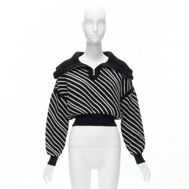 CHANEL 100% cashmere black white stripe CC crystal logo cropped sweater FR34 XS