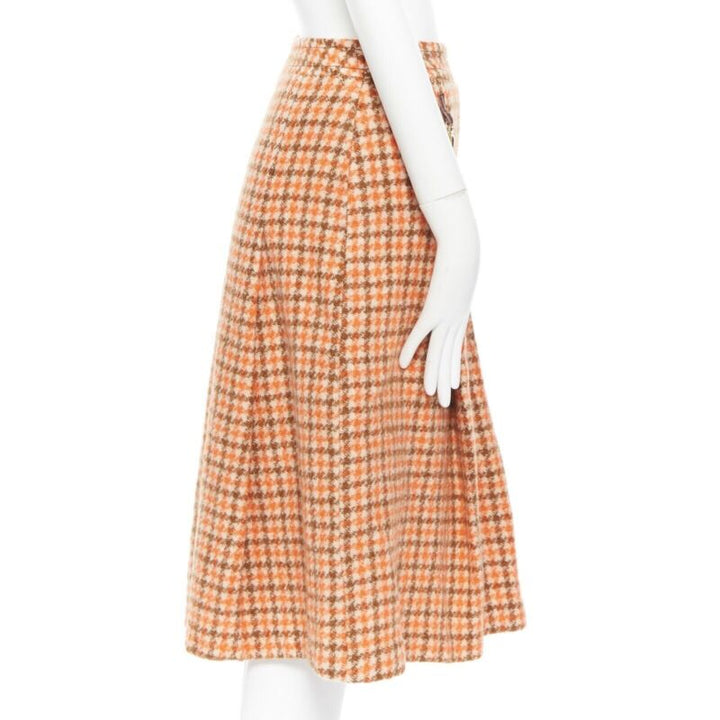 vintage CELINE 1980 orange check wool pleat skirt leather horsebit cuff FR44 XXL