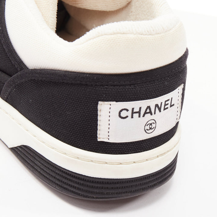 CHANEL 21S black white CC logo fabric minimal lace up sneakers EU36.5