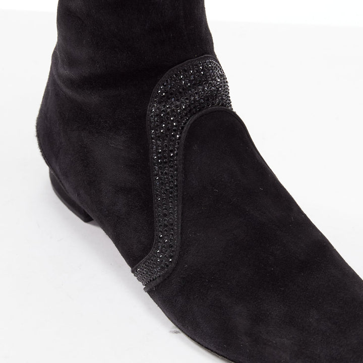 RENE CAOVILLA black suede crystal strass back slit knee flat boot EU35.5