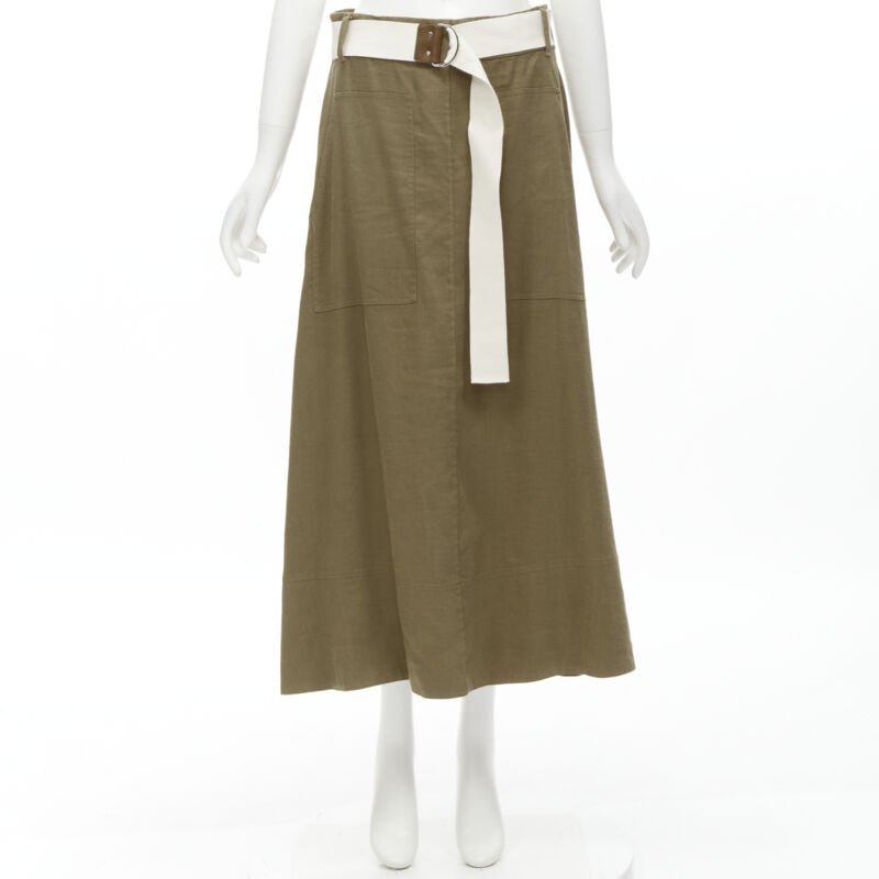 TIBI safari brown linen blend wide canvas belted wrap midi skirt US6 S