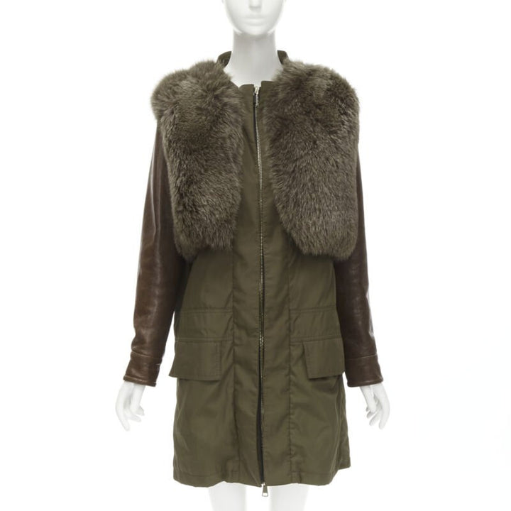 GIVENCHY Riccardo Tisci green leather sleeve fox fur anorak coat FR34 XS