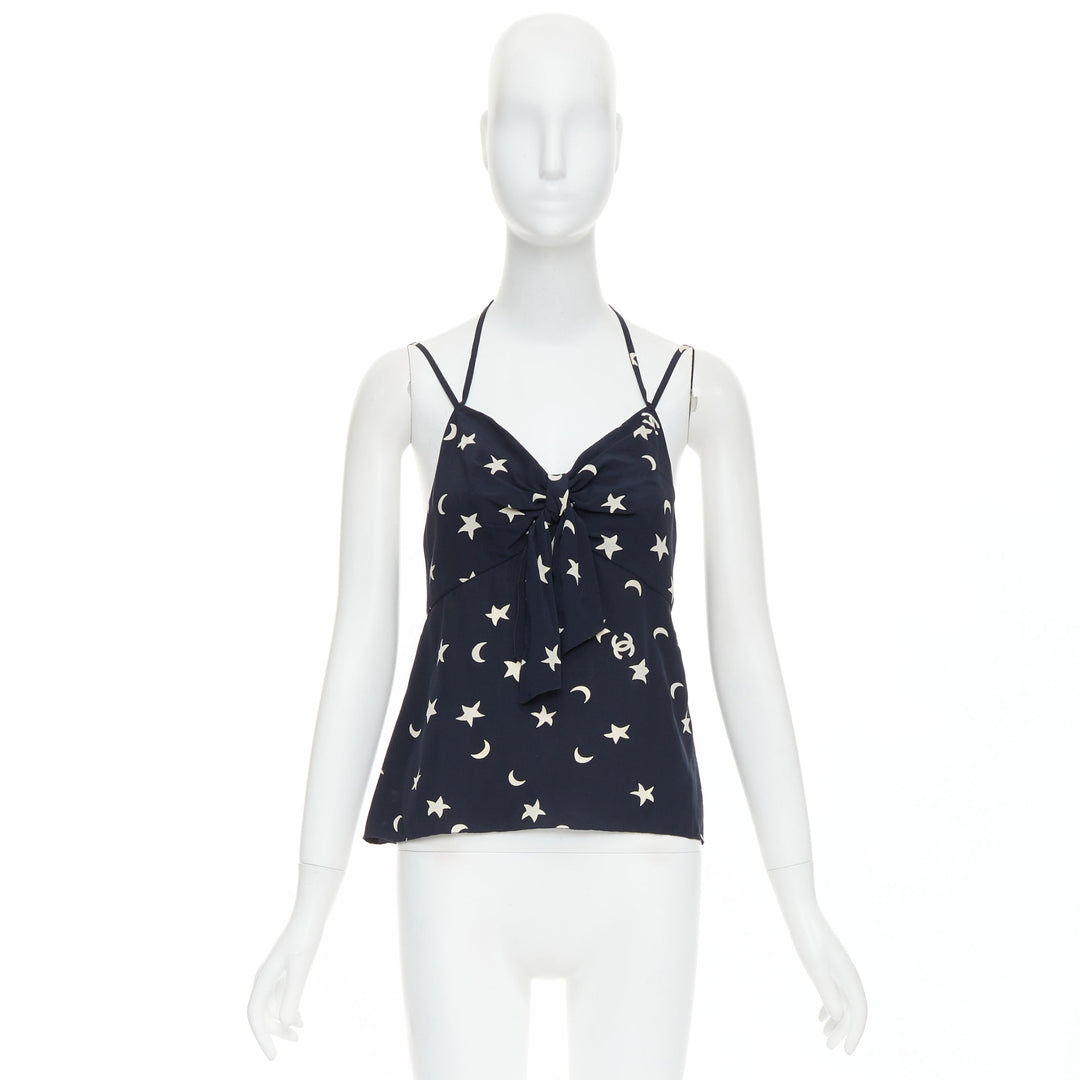 CHANEL 2008 navy off white 100% silk CC logo moon star bow camisole FR36 S