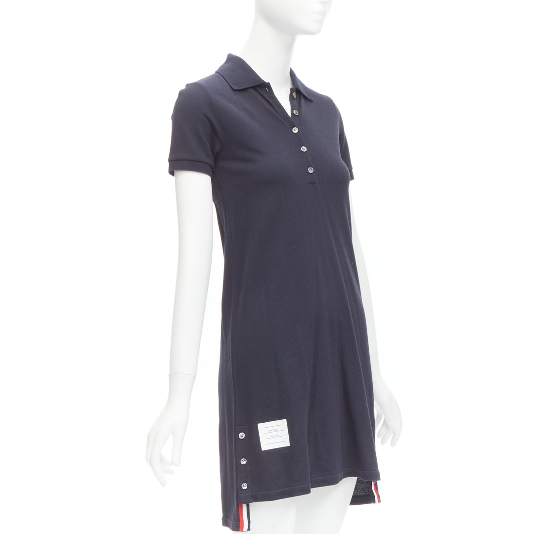 THOM BROWNE navy blue signature stripe webbing pique polo dress IT36 XXS