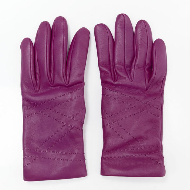 HERMES purple lamb leather overstitching 100% cashmere lined glove 7.5