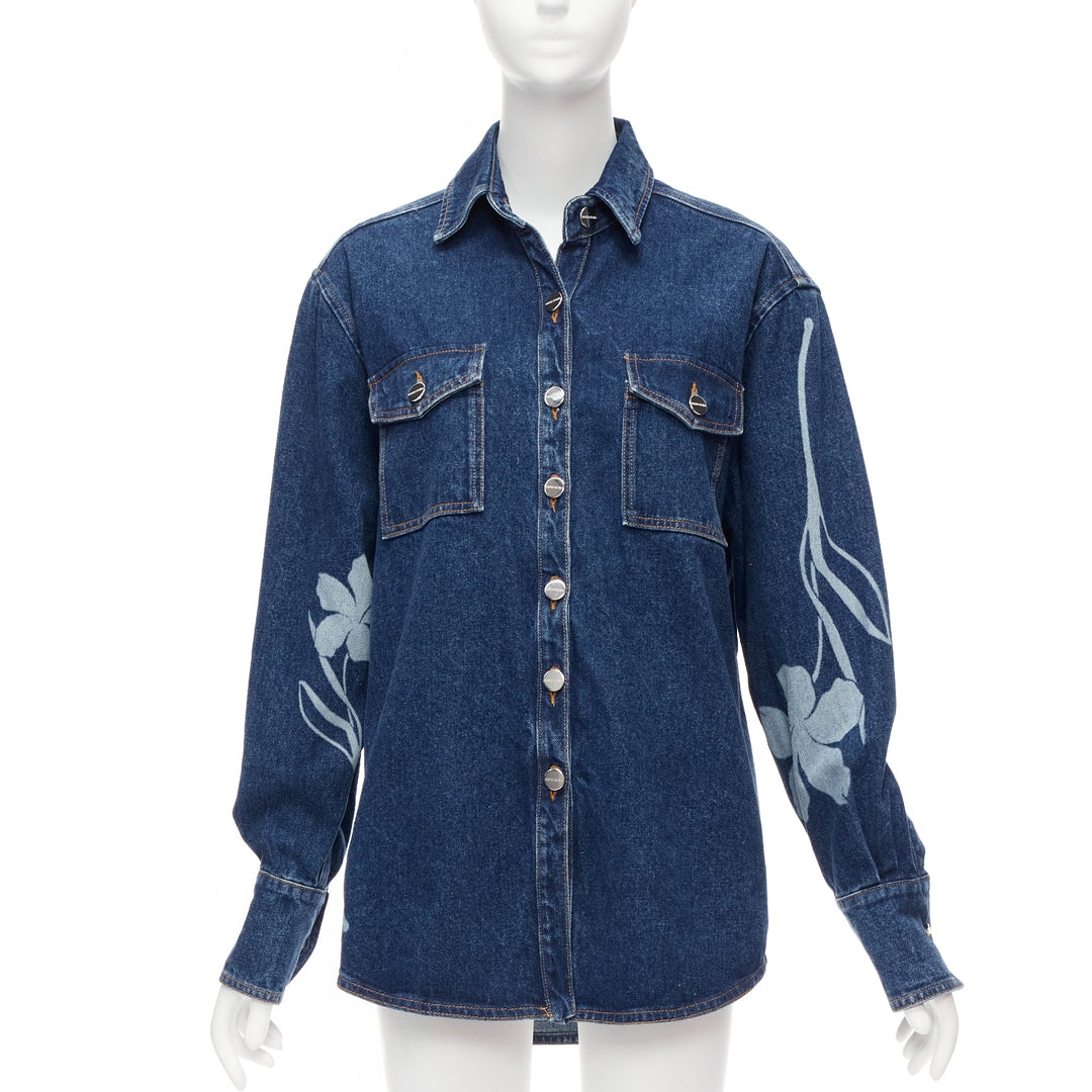 DAVID KOMA 2022 blue organic cotton floral silver logo button shirt UK6 XS