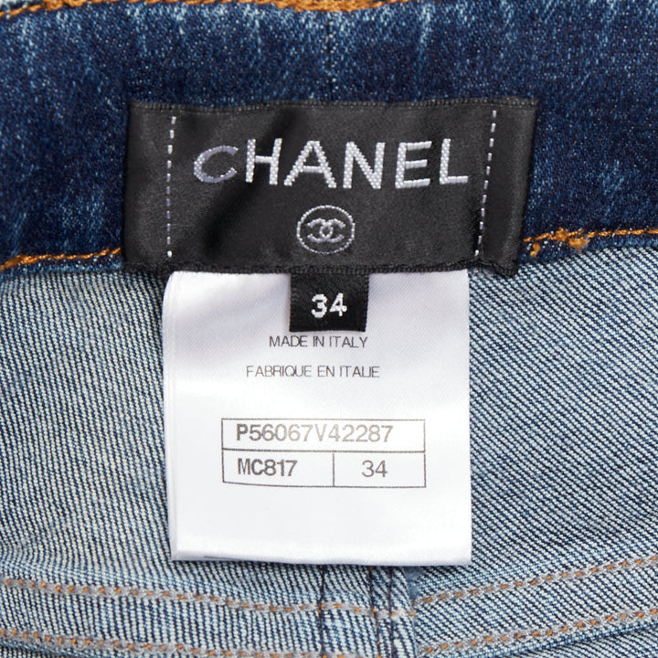 CHANEL 2017 dark blue washed denim diamond grid CC button skinny jeans FR34 XS