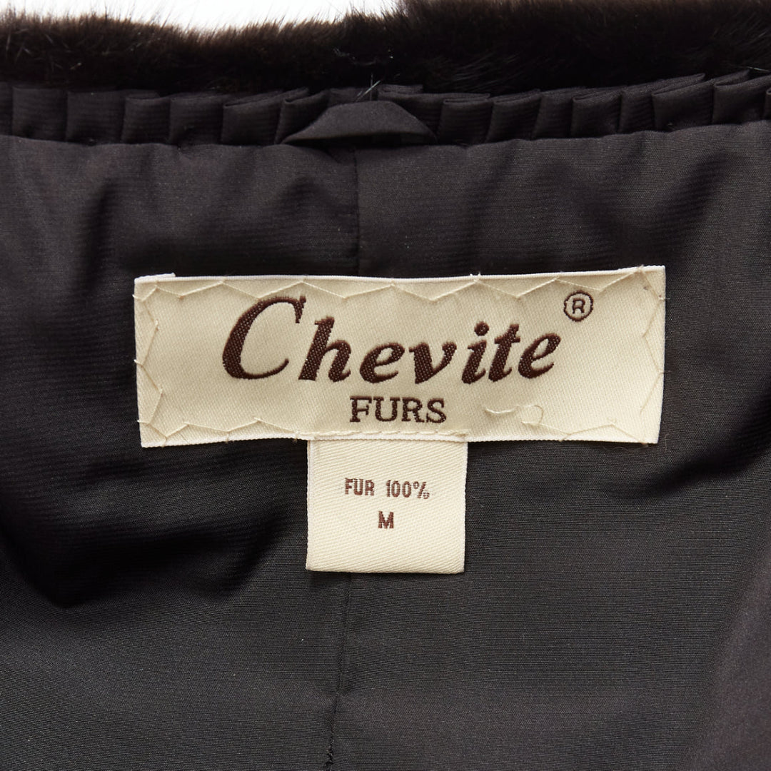 CHEVITTE dark brown genuine fur jewel neck cropped sleeves coat top M