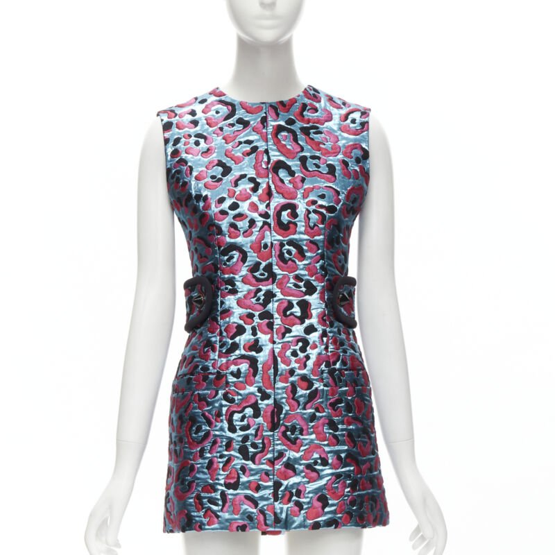 LOUIS VUITTON 2022 metallic blue pink leopard jacquard strap belt dress FR34 XS