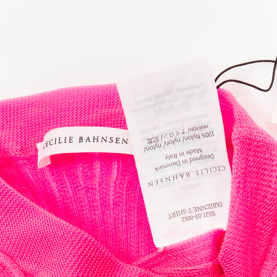 CECILIE BAHNSEN Fabienne neon pink ribber sheer crew flare sleeve top XS