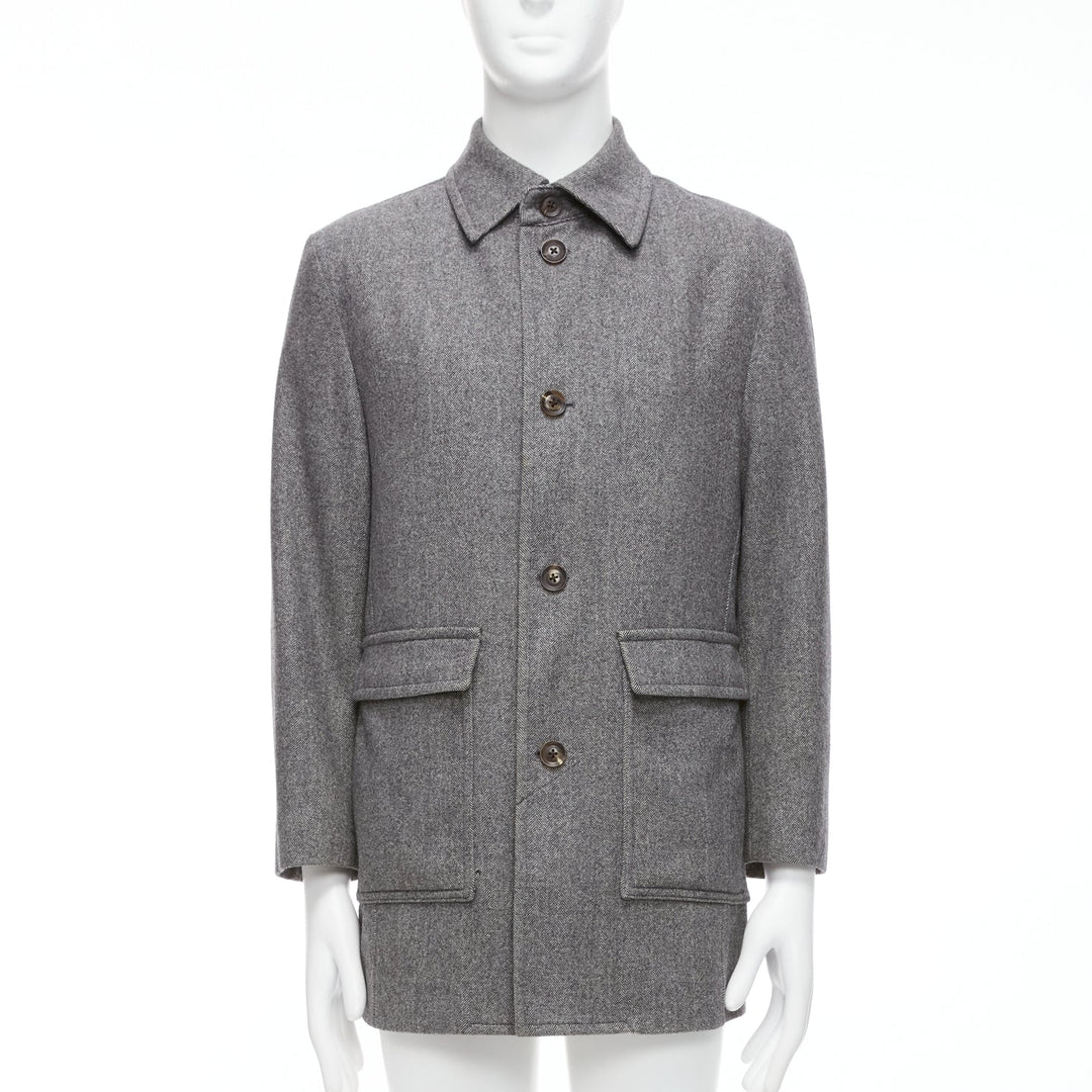 LANVIN JL grey wool blend herringbone dual pocketed overcoat IT46 S