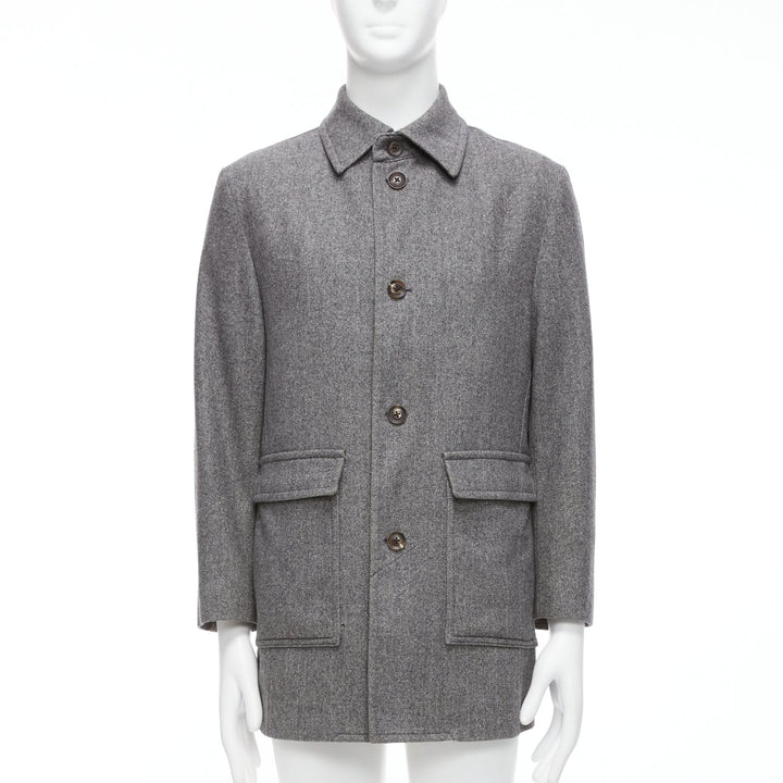 LANVIN JL grey wool blend herringbone dual pocketed overcoat IT46 S