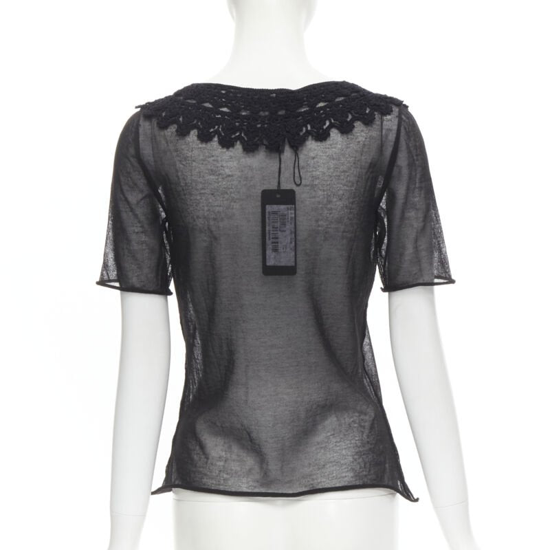 DOLCE GABBANA crochet lace sheer rolled edges fine knit cotton top IT40 S