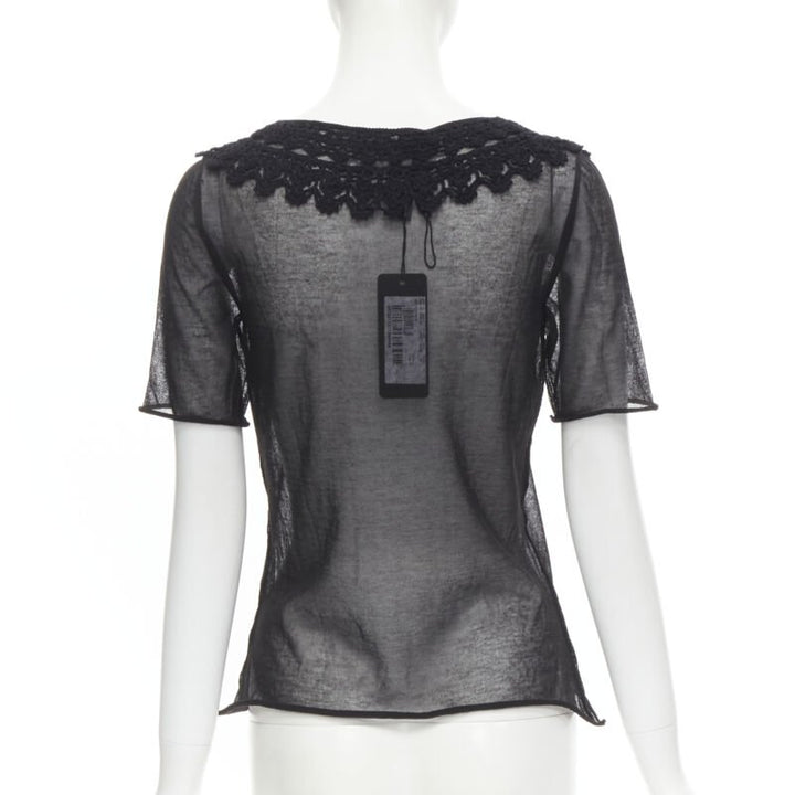 DOLCE GABBANA crochet lace sheer rolled edges fine knit cotton top IT40 S