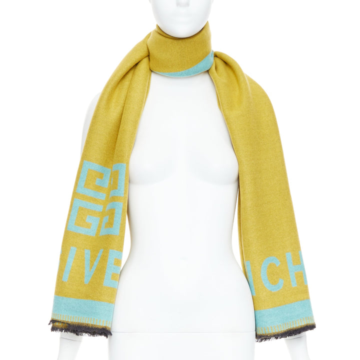 GIVENCHY mustard mint green wooly black fringe big logo long scarf