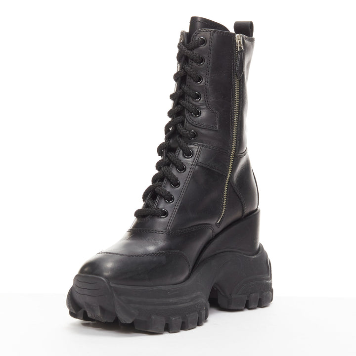 MIU MIU Runway black leather logo lace up chunky wedged military boots EU39