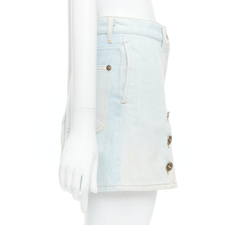 CHANEL 2018 Runway light blue washed denim horse buttons shorts FR34 XS