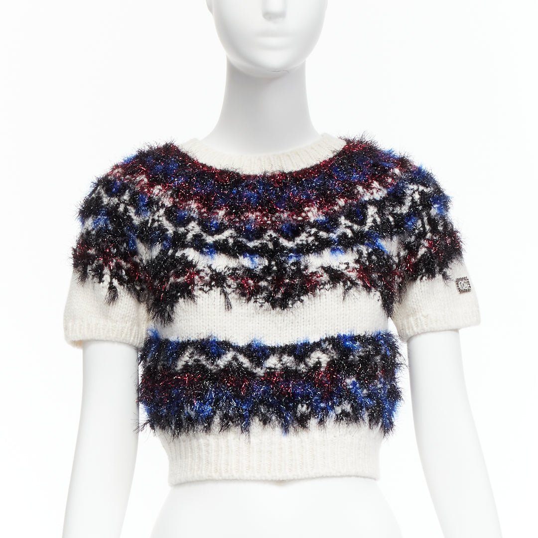 CHANEL pink blue fluffy lurex cream intarsia crystal CC cropped sweater FR34 XS