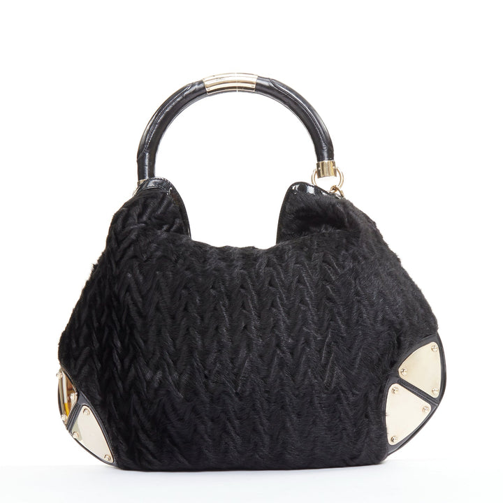 GUCCI Indy black chevron cut fur gold saddle metal handle hobo bag