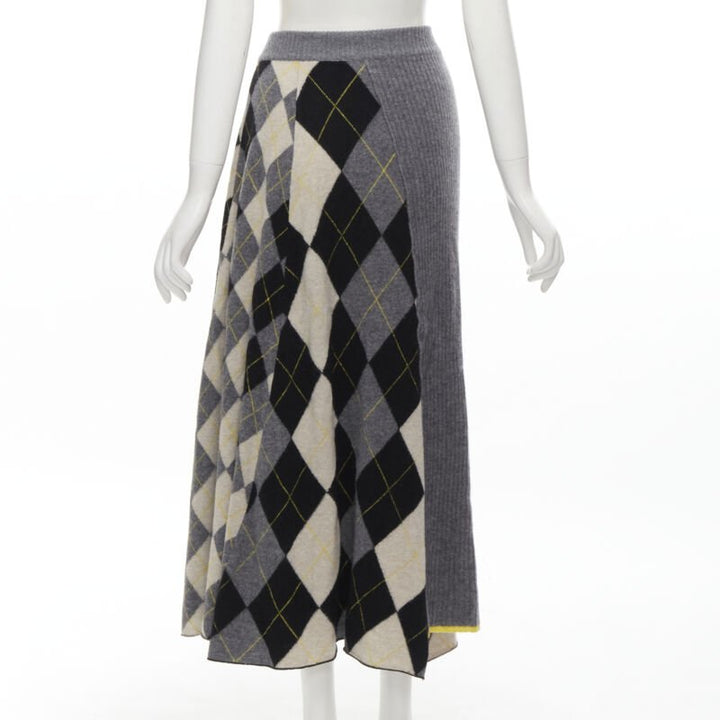 PRINGLE OF SCOTLAND wool grey argyle yellow sweater asymmetric midi skirt XS