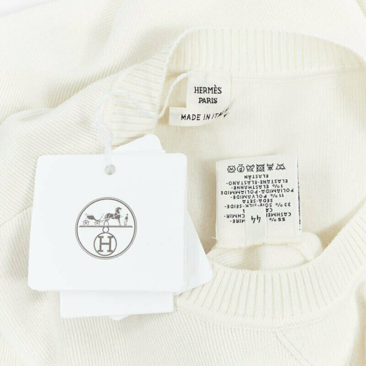 HERMES ivory cream cashmere silk blend logo intarsia short sweater FR44 XL